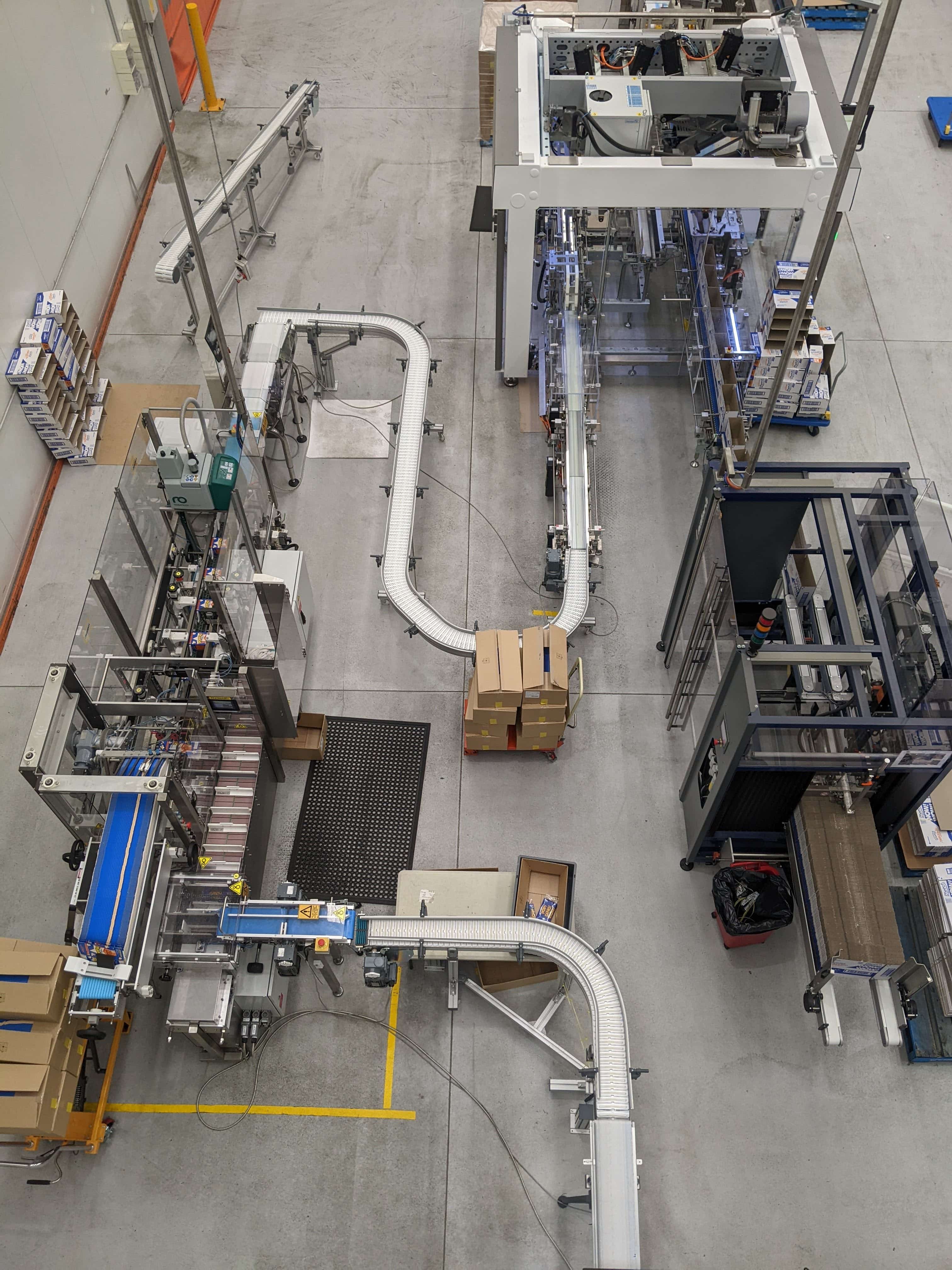 Overhead view of an end-of-line packaging area in a production facility