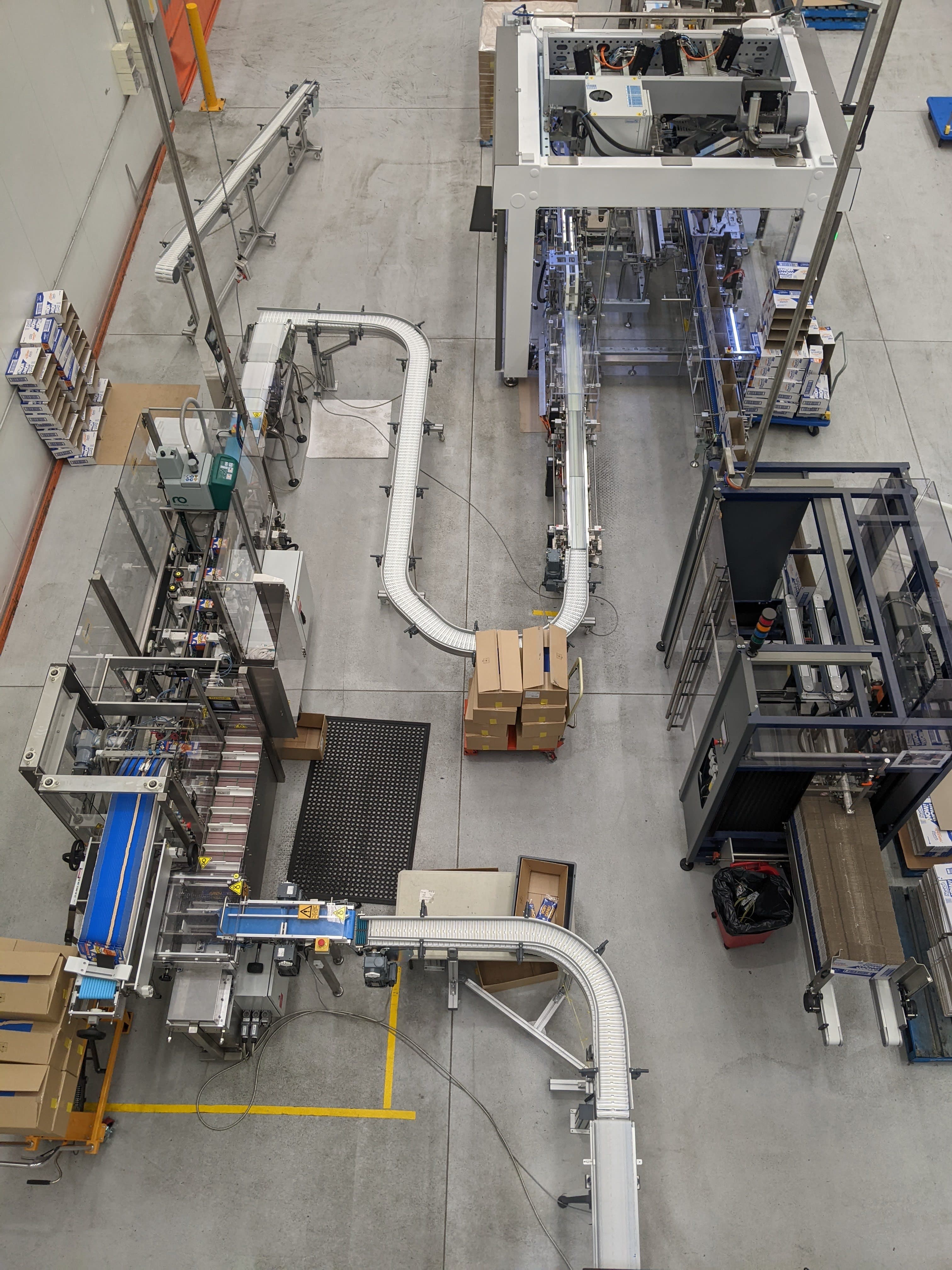 Overhead view of an end-of-line packaging area in a production facility
